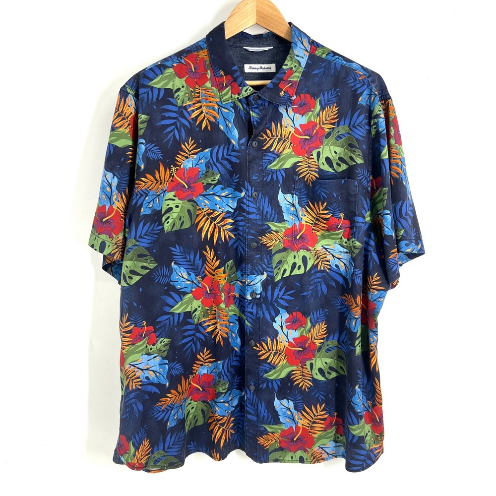 Tommy Bahama Mens XXL Navy Blue Tropical Floral Tencel Cotton Shirt 213ST325619